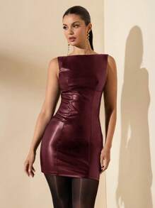 SHEIN BAE 1 pieza Vestido mini ajustado de unicolor de PU para Halloween para mujer - Burdeos - Ver 4
