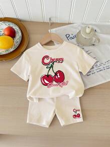 SHEIN Happikins Baby Girl Casual Simple Short Sleeve Shorts Set, Summer, For Christmas - Apricot - View 1