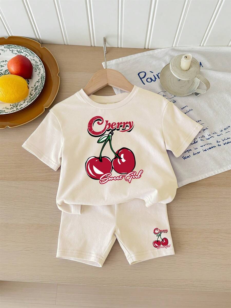 SHEIN Happikins Baby Girl Casual Simple Short Sleeve Shorts Set, Summer, For Christmas - Apricot - View 1