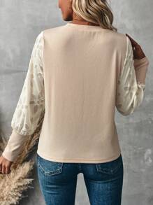 EMERY ROSE Women's Casual  Blouse With Lace Sleeves And Buttons - White - View 2