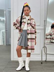 Slaydiva Tween Girl Plaid Print Long Sleeve Casual Jacket, Fall/Winter - Multicolor - View 4