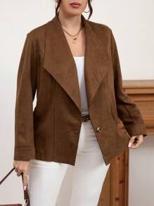 Mulvari Plus Size Solid Color Long Sleeve Simple Blazer, Casual Everyday Wear