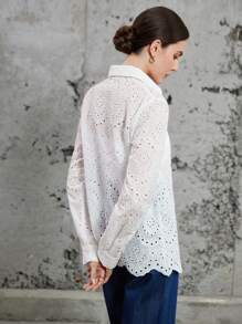 Aveloria Modichic Fashionable Minimalist Commuting Hollow-Out Loose Embroidered Long Sleeve Shirt - White - View 2
