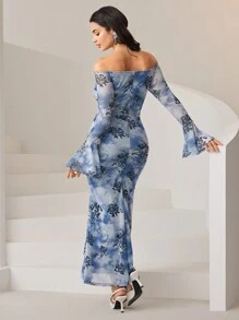 Modelyn Women Off-Shoulder Long Sleeve Allover Print Casual Dress Long Evening Dresses