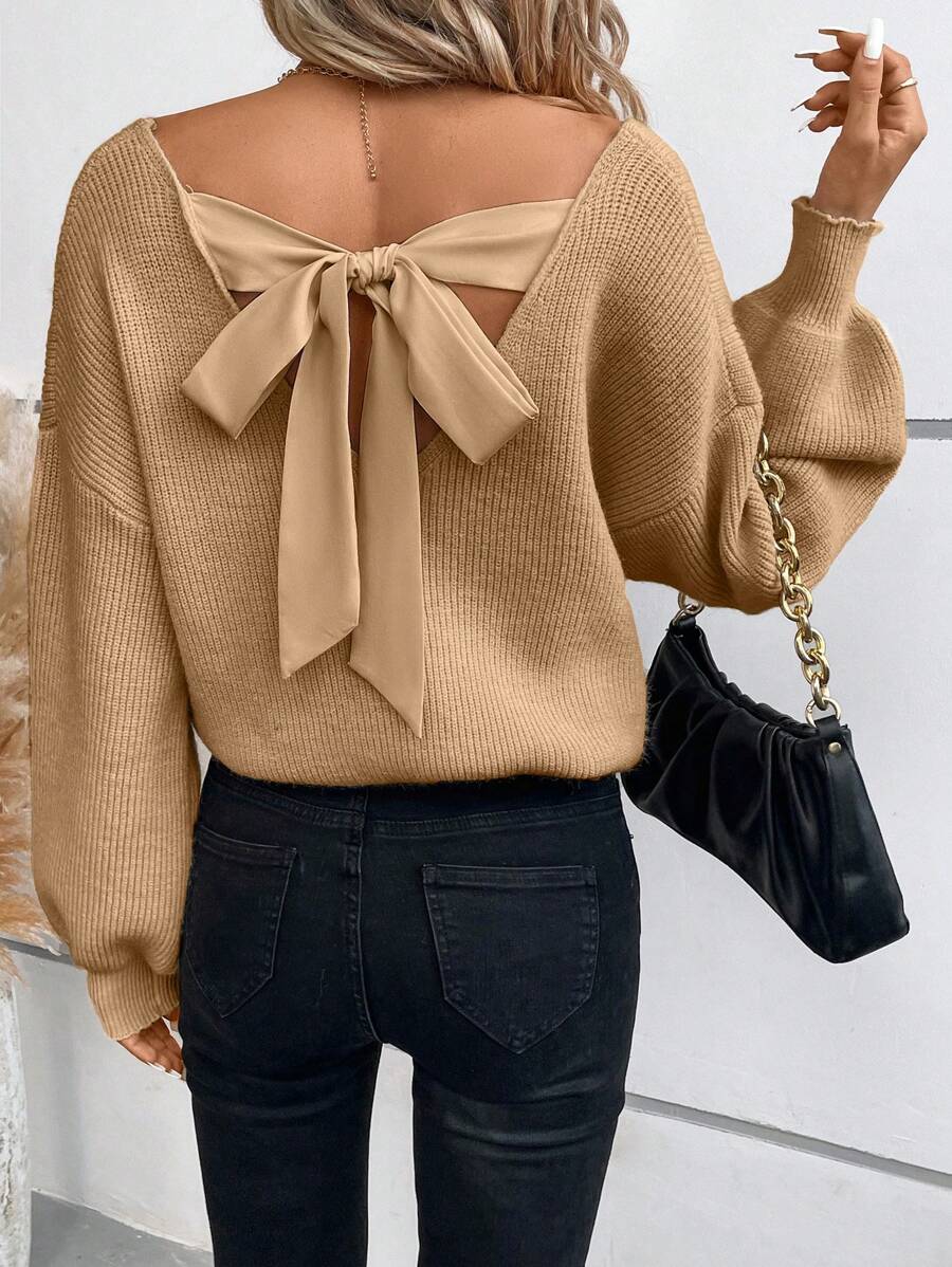 SHEIN Frenchy Tie Back Drop Shoulder Back Band Sweater,New Years Women Outfit,Long Sleeve Tops In Fall/Winter