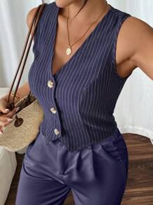 SHEIN Frenchy 夏季休闲亚麻条纹衬衫背心 - 藍色 - 查看 5