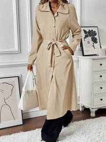 Chiquease 女式卡其色侧袋系带长袖风衣，秋冬款 - 卡其色 - 查看 4