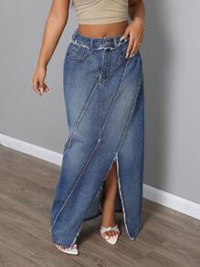 SHEIN SXY Váy chữ A denim xẻ tà tua rua đơn giản cho nữ - Màu xanh lam - Xem 3