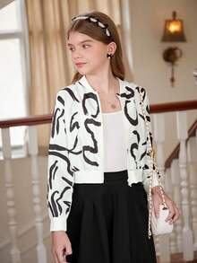 女童棒球领拉链夹克，单色图案印花，短款，休闲外套，秋季 - 杏色 - 查看 3