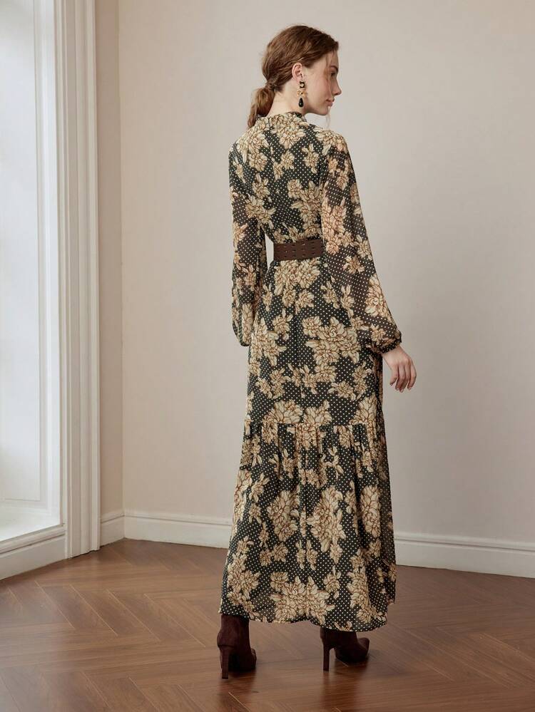 CHIFFON FLORAL AND POLKA DOT PRINT MOCK NECK LANTERN SLEEVE RUFFLE HEM BELTED LONG DRESS