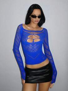 EgrlEra Blue Sexy Sheer Icon Printed Long Sleeve Mesh Blouse Y2K Outfit  Fall Cloth For Women - Royal Blue - View 1