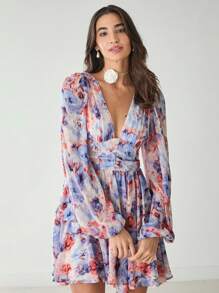 SHEIN 女式全印花 V 领分层长袖连衣裙 - 藍色 - 查看 9
