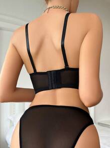 Black Fabric Casual Comfy Bra And Panty Set With Slight Stretch Chain Detail - Black - View 2