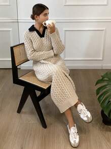 DAZY 女士秋冬拼色翻领长袖直筒宽松休闲毛衣连衣裙 - 杏色 - 查看 2