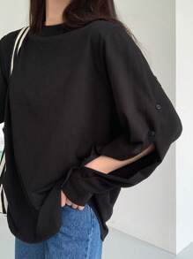 DAZY Women's Solid Color Button Decorated Split Sleeve Sweatshirt