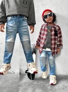 SHEIN Pantalones vaqueros ajustados de mezclilla con detalles bordados en la rodilla y cintura elástica, estilo urbano para niño joven