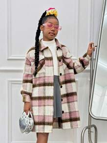 Slaydiva Tween Girl Plaid Print Long Sleeve Casual Jacket, Fall/Winter - Multicolor - View 1