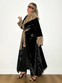 SHEIN ICON Leopard Print Lapel Patchwork Extra Long Fluffy Coat - Black - View 5