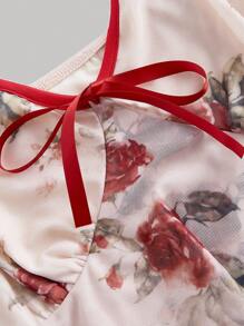 SHEIN MOD Áo hai dây cổ điển in hoa hồng cỡ lớn viền bất đối xứng viền màu hồng viền bất đối xứng viền tương phản áo hai dây khoét sâu dành cho nữ có trang trí ruy băng, dành cho mùa hè - Nhiều màu - Xem 3