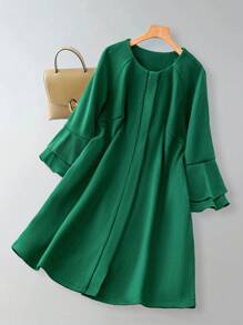 SHEIN Unity Plus Size Plain Crew Neck Long Sleeve Overcoat - Dark Green - View 1