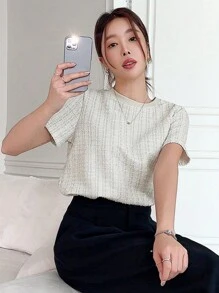 Dazy Star Camiseta casual de mujer de unicolor con cuello redondo y manga corta - Blanco - Ver 3