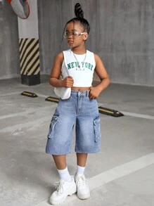 SHEIN Jeans cargo con tasche a patta e effetto delavato in stile Retro Y2K per ragazze pre-adolescenti, pantaloncini di lunghezza lunga, abbigliamento autunnale per ragazze, outfit per il ritorno a scuola