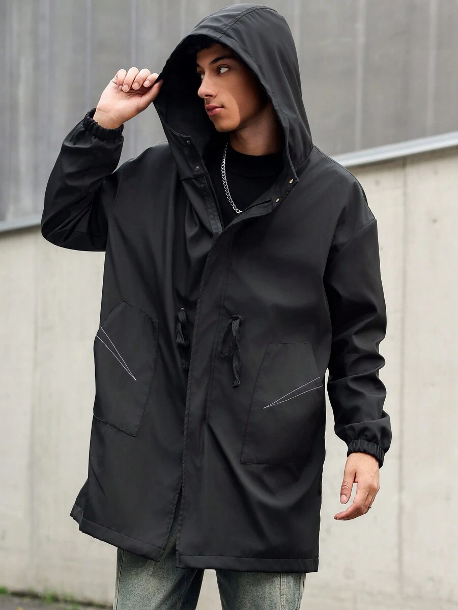 Manfinity Hypemode 男式休闲拉链落肩宽松连帽风衣 - 黑色 - 查看 1