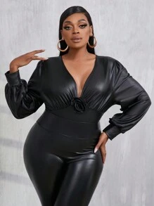 Maweii Plus Size Solid Color Long Sleeve 3D Floral Decor Ruched Fitted Bodysuit - Black - View 6