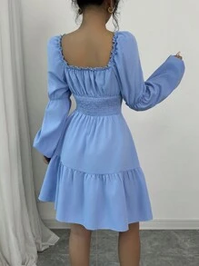 Rafferiza Women's Square Neck Long Lantern Sleeve Ruffle Hem A-Line Dress Fall Cloth For Women - Blue - View 2