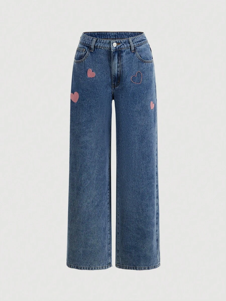 SHEIN MOD Quần Jeans Ống Rộng Túi Thêu Hình Trái Tim Cho Nữ - Màu xanh lam - Xem 1
