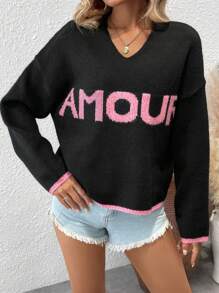 Chiquease Áo len chui đầu dáng rộng họa tiết "AMOUR" dành cho nữ, áo len dệt kim mùa thu đông. - màu đen - Xem 5