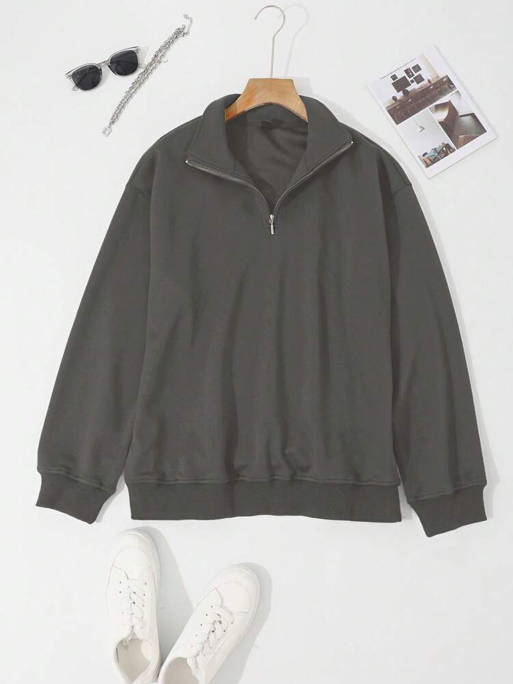Men's Casual Solid Color Zip-Up Long Sleeve Sweatshirt, Autumn,Back To School Clothes Quarter Zip Men