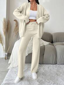 EURMUSE 2pcs Women's Casual Loose Fit Drop Shoulder Solid Color Cardigan And Knit Pants Set, Spring/Fall - White - View 4