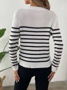 Chiquease New Autumn Long Sleeve Embroidered Black And White Striped Knitted Sweater, Fall Winter - Black and White - View 2