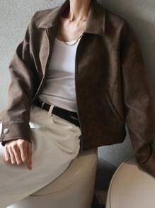 DAZY Women's Loose Zipper, Stand Collar Pockets Regular Jacket,Fall Women Clothes Leather Jacket Women Coats - Brown - View 1