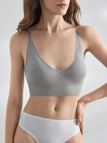 Women's Light Grey Plain Knitted Fabric Casual Medium Stretch Bralette Backless V-Neck Bralette - Light Grey - View 1