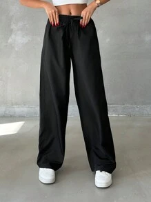 RueChic Women's Solid Drawstring Waist Parachute Pants - Navy Blue - View 4