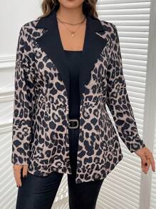 SHEIN Clasi Plus Size Leopard Patchwork Business Suit For Women, Suitable For Daily Wear