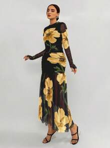 Aloruh Robe fleurie pour femmes à manches longues froncées, imprimé floral avec ourlet contrastant en maille, style romantique pour rendez-vous