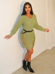 Zolique Vestido de suéter ajustado con cuello en V, tejido de perlas, calado y manga larga - Verde Oliva - Ver 4