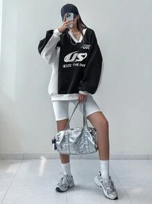 DAZY Women's Color Block V-Neck Letter Print Loose Sweatshirt,Fall Clothes - Black and White - View 4