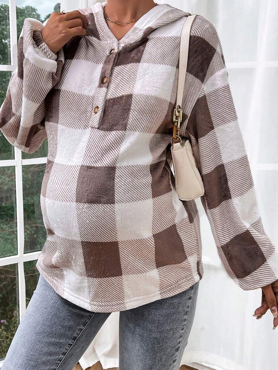 SHEIN Áo nỉ trùm đầu tay dài cài nút hở vai dáng rộng cho bà bầu, mùa đông - Nhiều màu - Xem 1