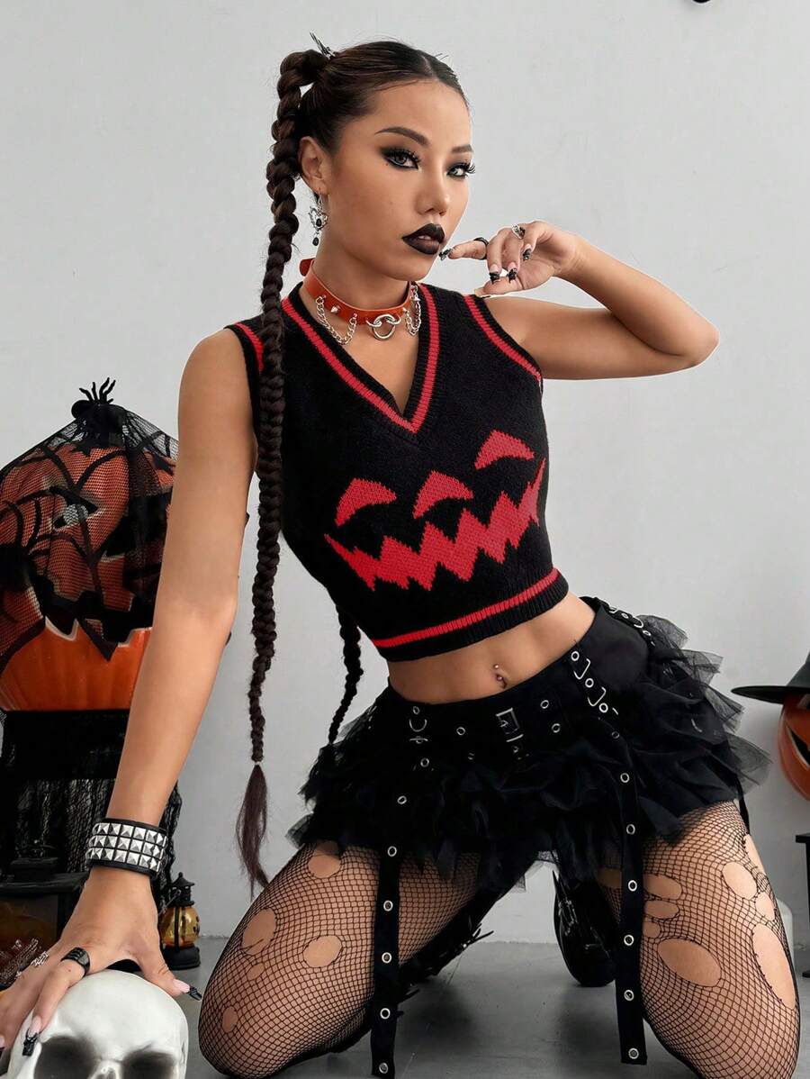 StreetHx Gilet sans manches court amusant de femme en forme de citrouille pour l'automne et l'hiver, pour Halloween