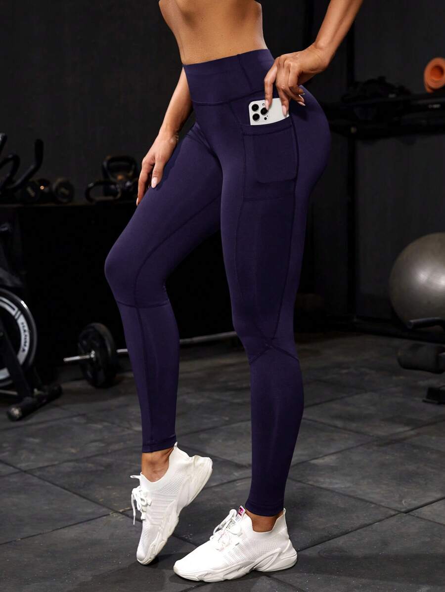 EURMUSE Leggings de cintura ancha bolsillo de celular - Morado - Ver 1