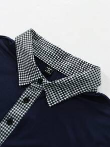 Manfinity Mode Men's Solid Color Patchwork Front Button Short Sleeve Casual Polo Shirt