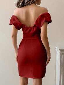 EURMUSE Vestido elegante con diseño de flor 3D, bajo con volantes, hombros descubiertos - Rojo - Ver 2