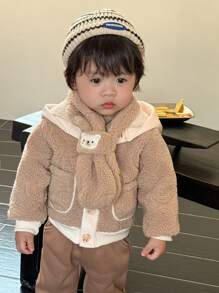2 Stück/Set Baby Jungen Set aus luftiger Fleecejacke mit Tierohr Design und Schal, Herbst/Winter Kleidung - Braun - Übersicht 3