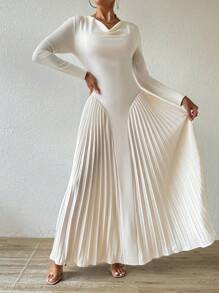 Chiquease 女士长袖褶皱时尚修身优雅连衣裙 - 杏色 - 查看 4