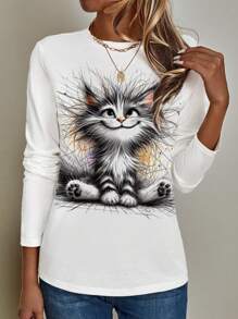 EMERY ROSE Casual Simple Cat Pattern Loose Round Neck Long Sleeve Women's T-Shirt Suitable For Autumn And Winter