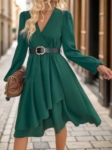 SHEIN Clasi Sukienka z dekoltem w serek i kopertowym dekoltem, elegancka, z długimi rękawami i jednolitym kolorem